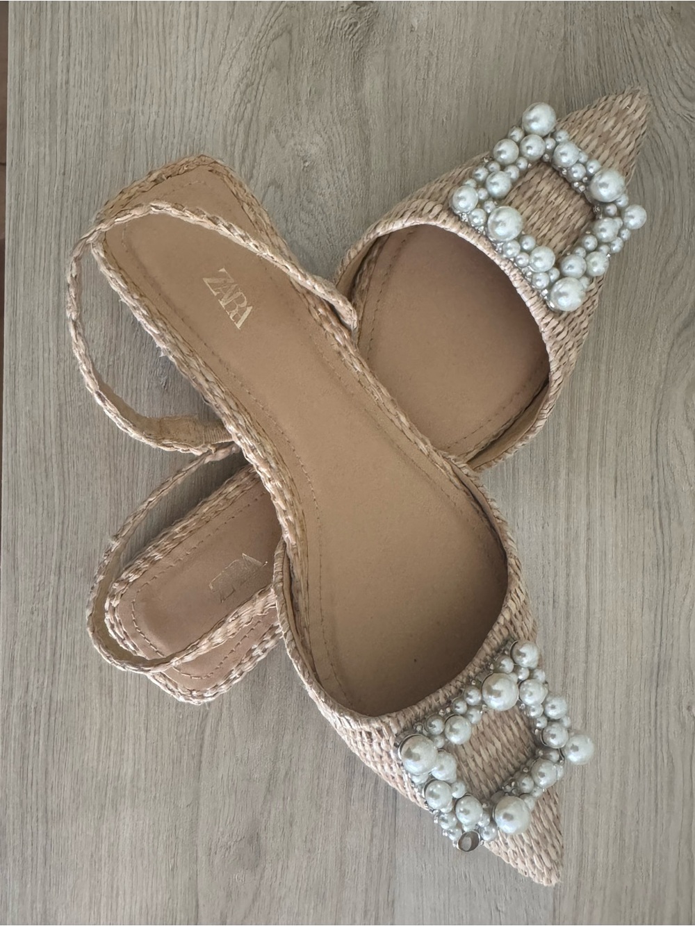 Zara Tan Raffia Pearl-Embellished Slingback Mules